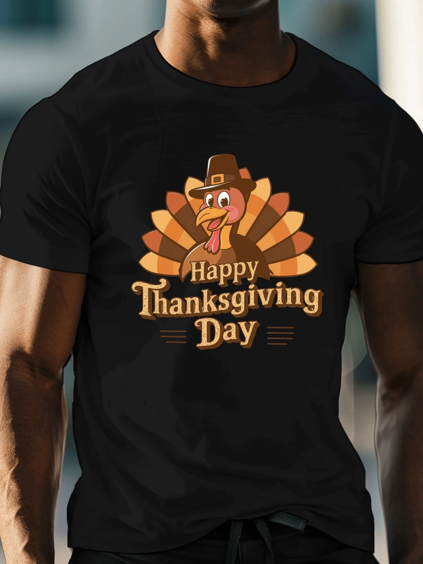 Camiseta de hombre con diseño divertido de pavo con sombrero para el Día de Acción de Gracias.Ideal para un look casual y festivo.¡Celebra con estilo! - Negro - Ver 1