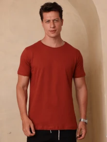 Camiseta Básica Masculina Lisa Manga Curta Camisa 100% Algodão Premium Camisa Masculina - Terracota - Visão 1