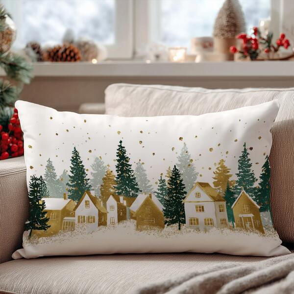 1pc Christmas Town Snowy Landscape Printed Cushion Cover, Soft Peach Velvet Fabric, 30*50cm/40*60cm Pillow Case Suitable For Indoor Decor, Party Decoration, Decorative Pillow Gift