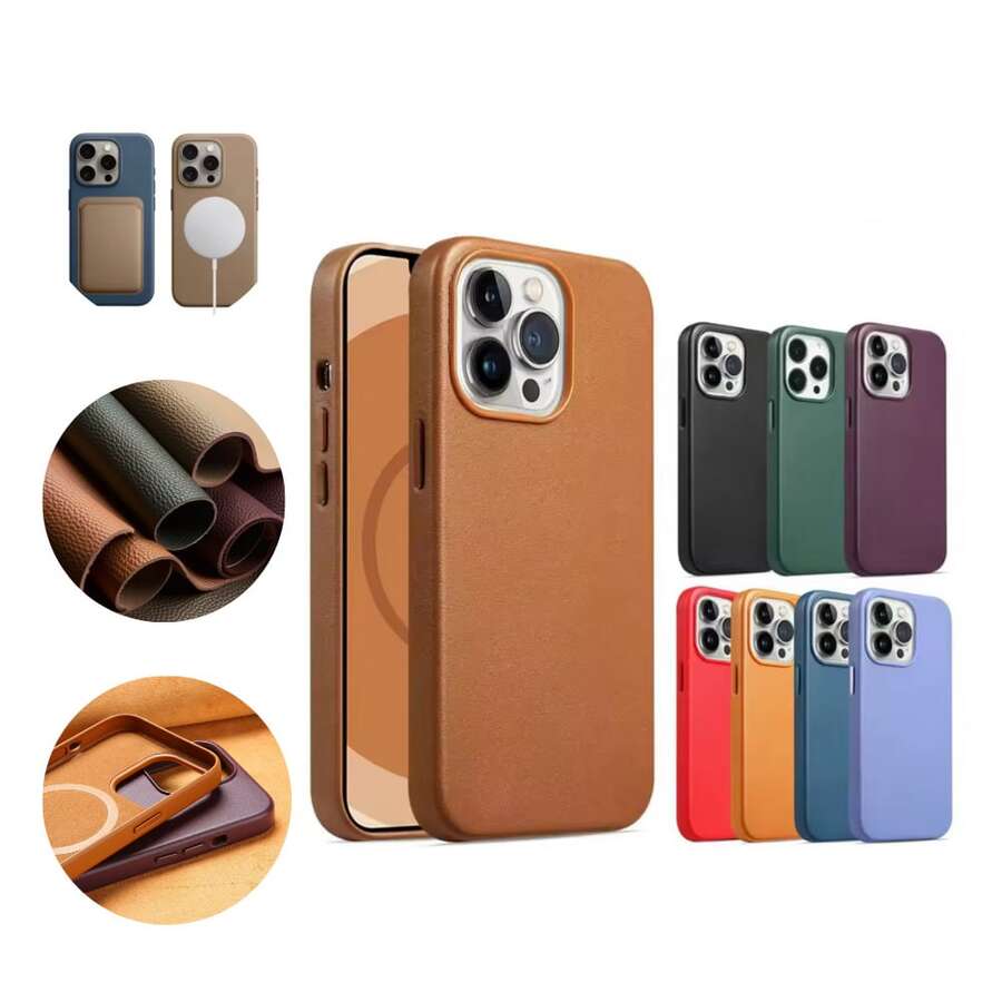 1pc Leather Case Cover For IPhone 11 12 13 14 15 16 Pro Max Plus Leather Magnetic Compatible With Inductive Charging Premium Luxury Protection - 鏽棕色 - 查看 1