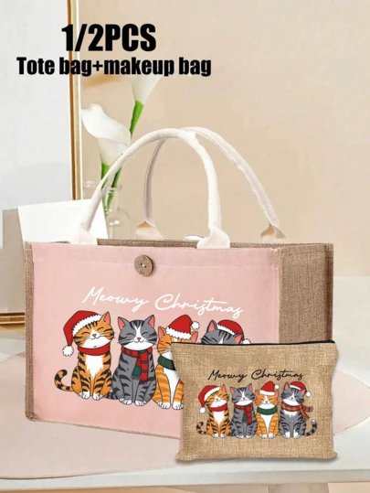 圣诞猫印花女士亚麻手提包+化妆包，印有圣诞快乐图案和围巾猫，粉色扁平亚麻单肩包和粉色化妆包套装，可爱设计，大容量，便携，可用作购物袋，化妆刷收纳，多功能收纳袋，适合家庭，儿童，女性朋友，户外旅行，工作，通勤，度假，圣诞礼物