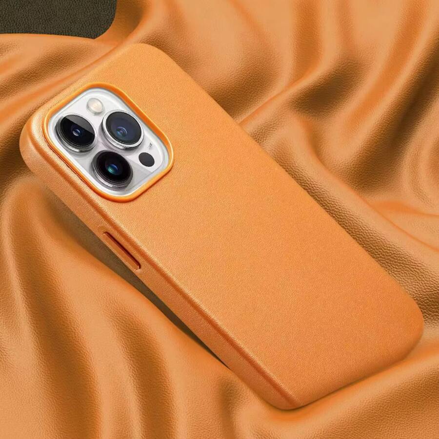 1pc Leather Case Cover For IPhone 11 12 13 14 15 16 Pro Max Plus Leather Magnetic Compatible With Inductive Charging Premium Luxury Protection - Orange - View 1