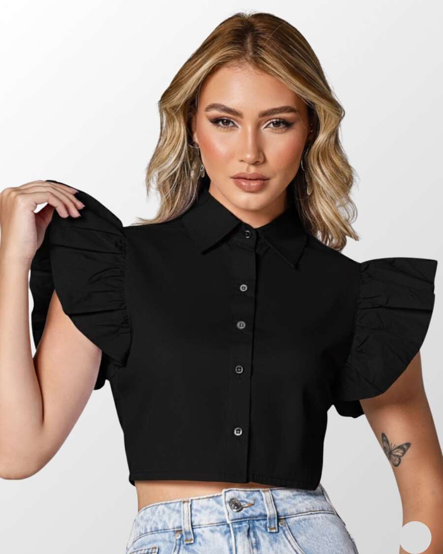 Women's Elegant Cropped Top With Buttons And Ruffles Polyester Button Pleated Layered Daily Holiday - Black - View 1