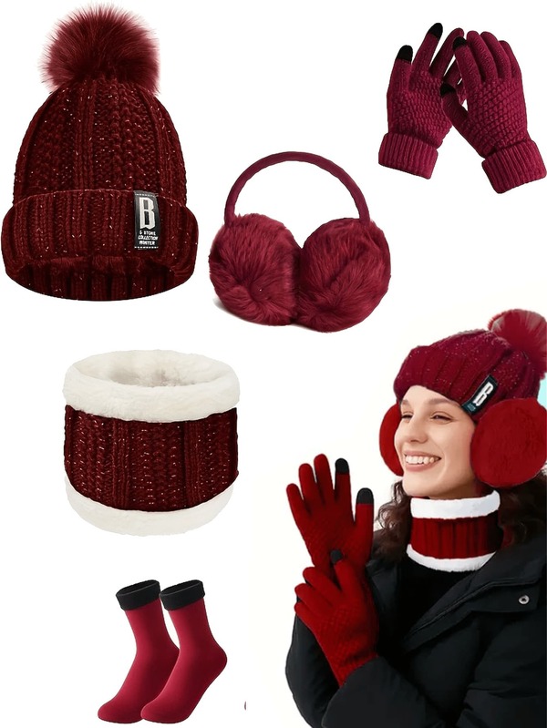5-Piece Winter Outdoor Sports Equipment: Chunky Knit Hat, Neck Warmer, Touch Screen Gloves, Wool Earmuffs And Snow Socks For Skiing, Biking And Hiking, Christmas Parties Accessories For Winter Winter Head Warmer