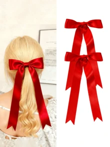 2个装女士发夹，红色蝴蝶结发夹，缎面蝴蝶结发夹，长尾蝴蝶结发夹，派对发饰，发夹