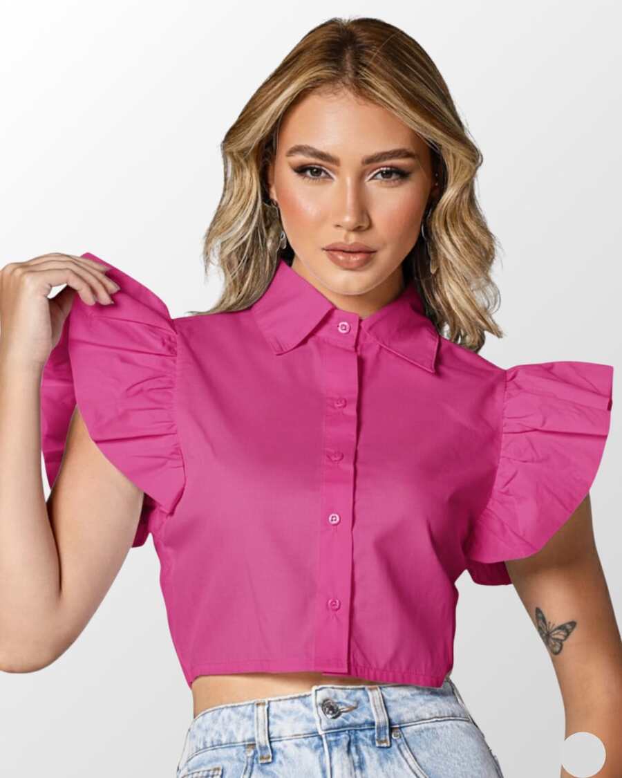 Elegant Women's Crop Top With Buttons And Ruffles - Hot Pink - View 1