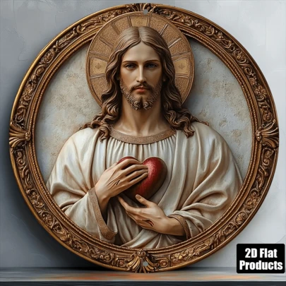 1 pieza Obra de arte de pared redonda de metal con tema del Sagrado Corazón de Jesús vintage, 8x8 pulgadas - Impresión de alta definición, adecuada para decoración del hogar, bar, cocina, cafetería, oficina - Regalo perfecto para fiestas, decoración de pared, con agujeros perforados previamente, estilo como se muestra en la imagen del tamaño