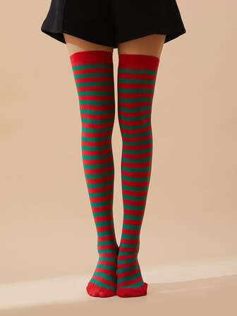1 par de calcetines sobre la rodilla a rayas rojas y verdes de Navidad para mujer