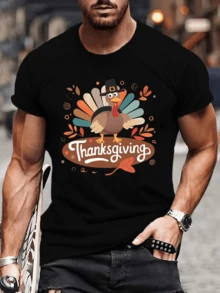 Camiseta de Hombre con Estampado Original de Pavo con Sombrero y Diseño de Thanksgiving,Moda Casual y Confortable para Celebrar el Día de Acción de Gracias. - Negro - Ver 6
