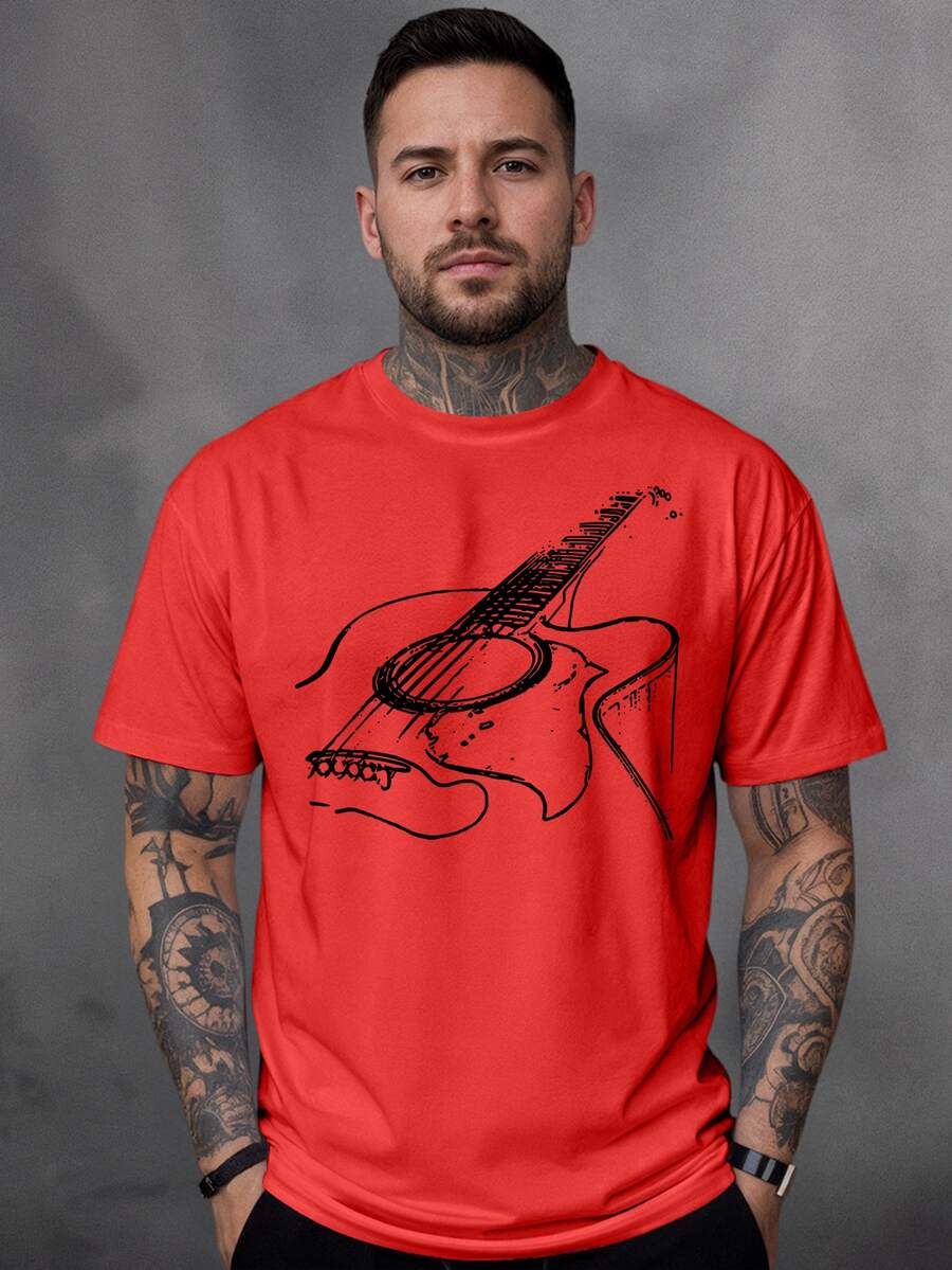 Men's 100% Cotton T-Shirt With Guitar Print - Red - View 1