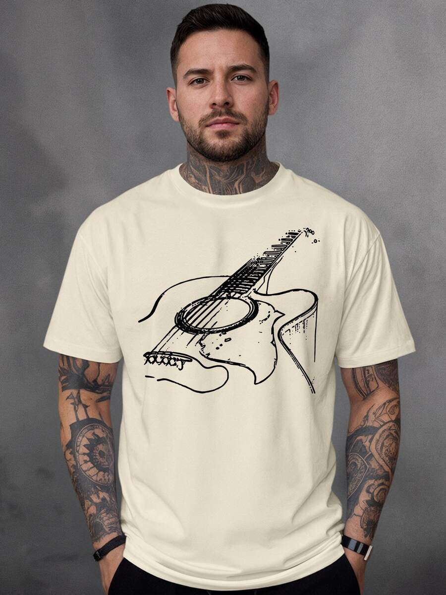 Men's 100% Cotton T-Shirt With Guitar Print - 米色 - 查看 1