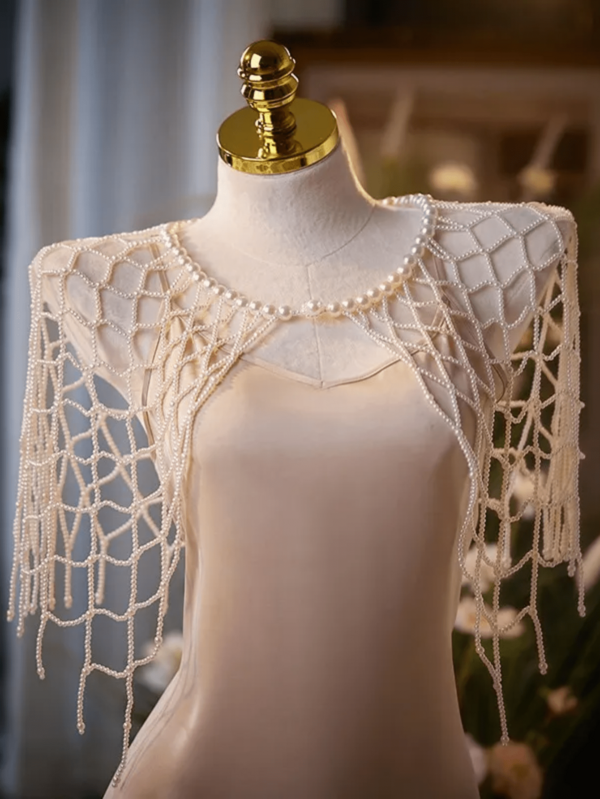 1 pieza Capa elegante de mujer con cuentas de perlas falsas para cena, fiesta o baile. Prenda superior decorativa de punto a mano que se puede usar de ambas formas