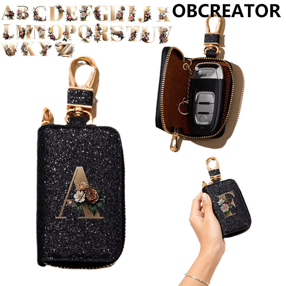 1pc Printed In GoldFirst Letter Of Surname Letters Key Bag General Car Key Storage Bag Creative Leather Keychain Blingbling Car Key Protector Secure Zipper Closure Protector Stylish Waist Pocket Car Key Protector Unisex For Women Mini Wallet