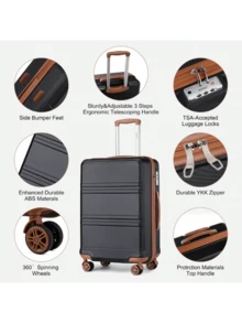 Lightweight Travel Luggage Set (ABS Hard Shell, 4-Wheel, TSA): 4-Piece/6-Piece – With Trolley (20"/24"/28"), Cosmetic Case & Bags - Black - View 6