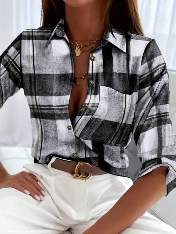 Damen Karohemd Bluse, Kragen Knopfleiste Langarm mit Taschen, Lässig Stil für Frühling & Herbst