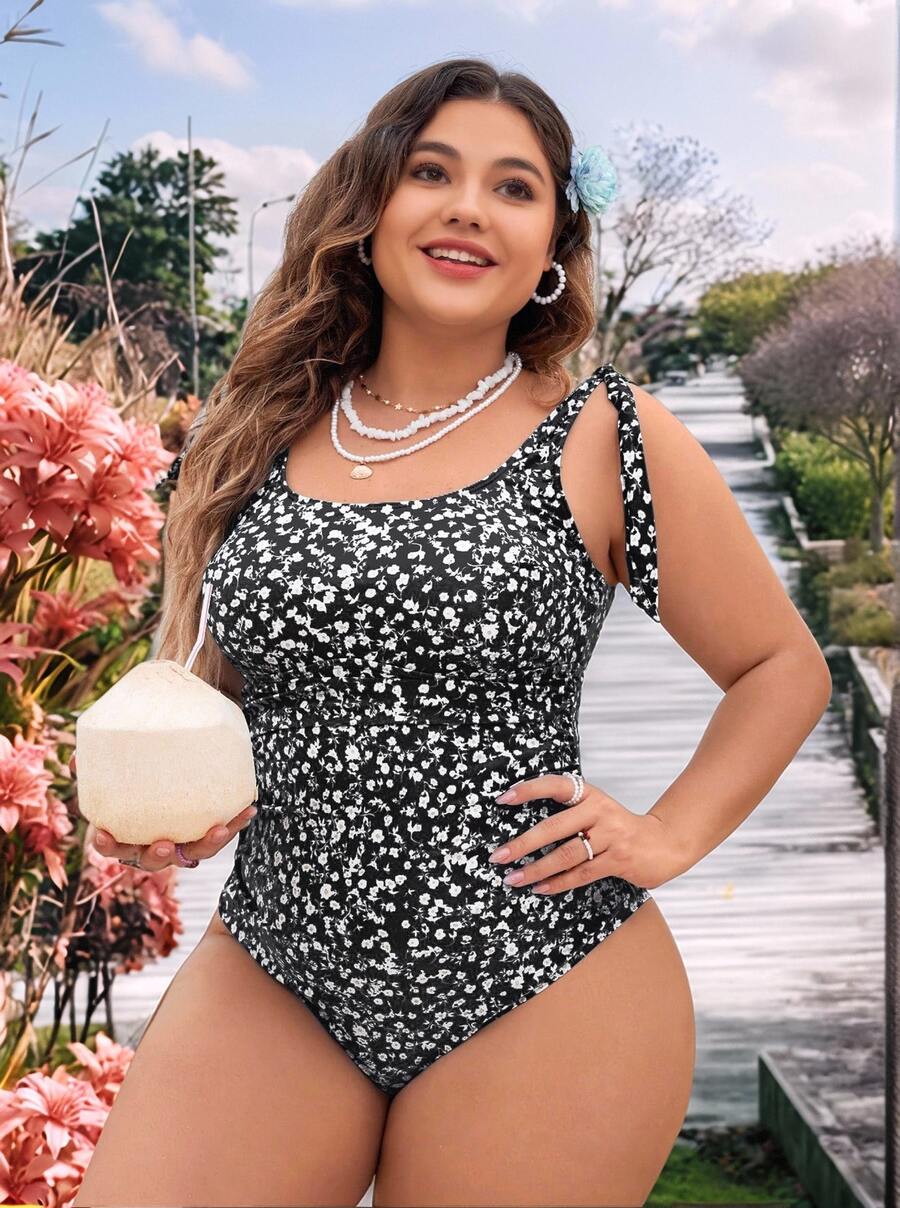Swim Mod Plus Size Ditsy Floral Print Tie Shoulder One Piece Swimsuit One Piece Bathing Suit Summer - Black and White - View 1
