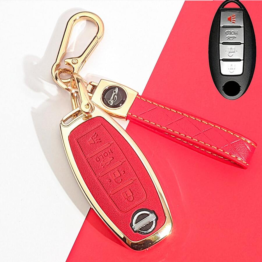 Zinc Alloy Key Fob Cover, Fit For Nissan 4-Button Key Fob Protector (With PU Keychain), Zinc Alloy Key Case, Metal Key Holder Cover, Fit For Nissan Altima Sentra Maxima Rogue Armada Pathfinder Infiniti Smart Remote, Gift, Gold, Red, Pink