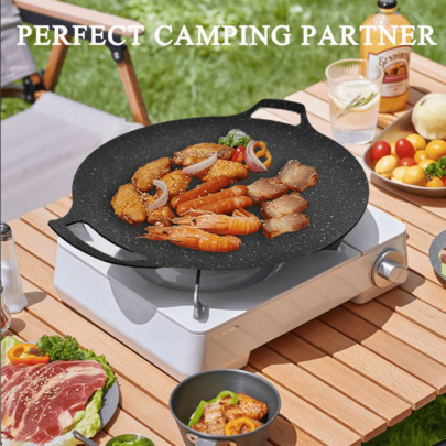 1pc Korean BBQ Grill Pan, Cast Iron Non-Stick Cookware, Round Design With Wooden Handle And Hanging Loop, Suitable For Indoor & Outdoor Cooking, Pure Black Textured Surface, Durable Kitchen Utensil