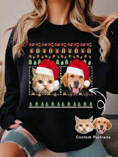 Personalisierte Damen Weihnachts-Portraitpullover mit Rundhalsausschnitt, lade dein eigenes Bild und deinen Text für Paar, Familien, Haustiere hoch, Geschenke für Eltern und Freunde, Workout, Party. (Kann dein eigenes Portrait/Freund/Freundin/Team anpassen) Thermofutter - Pullover, Herbstbekleidung, Geschenk für beste Freundin, Winterbekleidung für Damen, Valentinstag/Muttertag/Jahrestag/Geburtstag Geschenk, Geschenk für sie, Weihnachtspullover