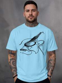 Men's 100% Cotton T-Shirt With Guitar Print - Baby Blue - View 1