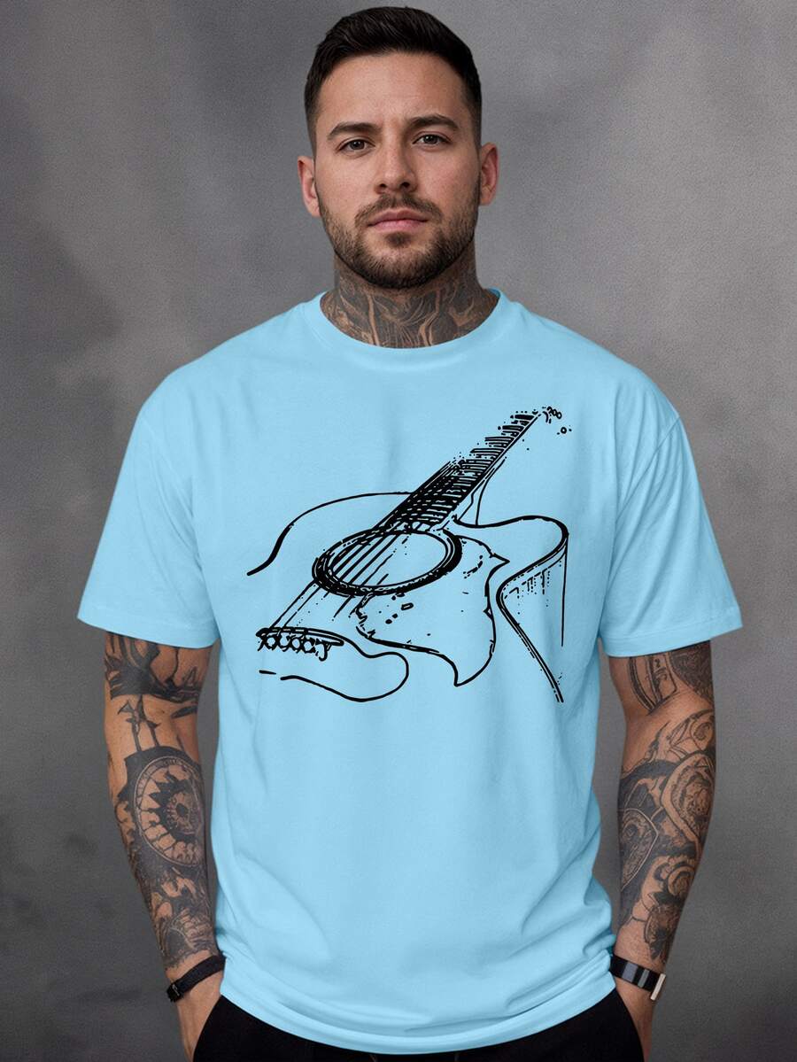 Men's 100% Cotton T-Shirt With Guitar Print - Baby Blue - View 1