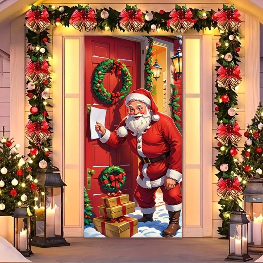 Santa Claus Christmas Door Cover - High Elasticity Nylon, Easy Install & Clean, Fit 35x79 Inches - Perfect For Holiday Home Decor - Multicolor - View 1