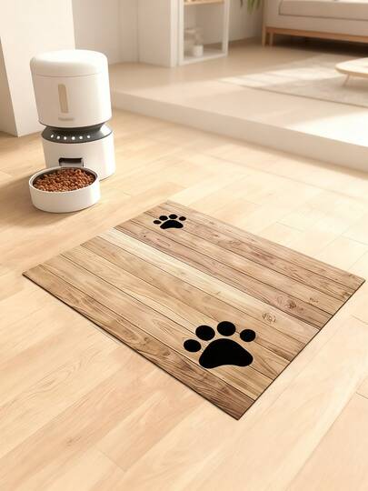 PETSIN 1pc Wood Grain Paw Print, Dog & Cat Small Animal Feeding Mat, Durable Non-Slip, Water Absorbent & Stain-Resistant, Ideal For Cats - Pet Food &Water Bowl Placemat For Home Decor, Kitchen Floor Mats, Pet Accessories,Ideal For Pets
