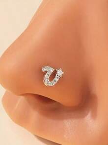 1pc Cubic Zirconia Inlaid Letter L-Shaped Stainless Steel Nose Piercing Ring, Suitable For Daily Wear