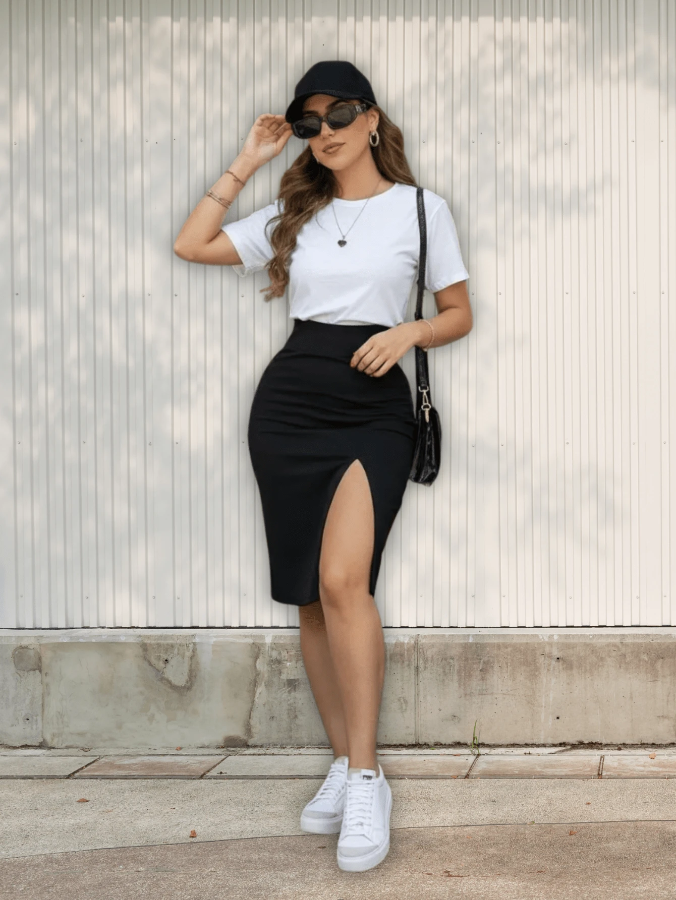 Conjunto Mujer Falda Lápiz Blusa Básica  Casual Ajustada Abertura En Pierna Negro - Negro - Ver 1