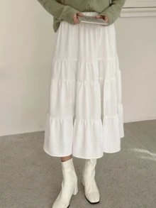 Multi-Layered Ruffled Details, Slim-Fitting Mid-Length, Draped Chiffon Fabric, White Skirt, Korean Style, Gentle And Artistic Style, Suitable For Commuting To Work, Dating, Afternoon Tea, Spring And Autumn Daily Wear, Festivals, And Streetwear. - White - View 3