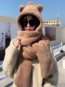 3 Pieces Set: Scarf, Gloves And Hat, Warm Plush Bear Ear Hoodie Scarf Set
