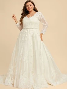 Elegant Romantic Boho V Neck A Line Lace Appliqués Tulle Wedding Dress Registration,Evening Party Dress Birthday Party Dress,Romantic Church Ceremony Wedding Dress,Suitable For Wedding,Dating,Party,Singles' Party,Vacation,Formal Occasions,Dinner Dress,Prom Dress,Homecoming Dress,Cocktail Party,Wedding Guest Dress,Graduation - 白色 - 查看 5