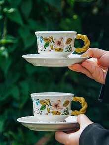 限时：1套茉莉花杯碟咖啡杯碟套装家用下午茶马克杯礼盒适用于餐厅客厅咖啡厅聚会 - 彩色 - 查看 7