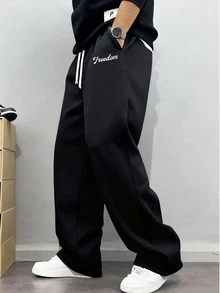 1件男士休閒運動長褲，寬鬆直筒版型，垂墜感佳，100%聚酯纖維面料，適合父親節與男友禮物，黑色 - 黑色 - 查看 8