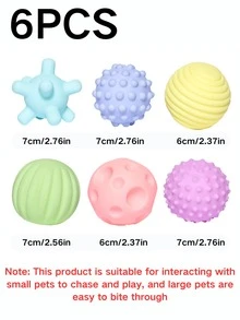 1个/3个/6个装宠物犬猫磨牙玩具。它们可以发出声音，帮助磨牙和清洁牙齿。球形设计可以吸引狗狗的注意力，促进互动。它们是有趣的宠物玩具。