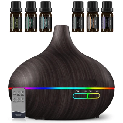 18.6-Ounce Large-Capacity Smart Aroma Diffuser, Remote Control And 7-Color LED Wood Grain Humidifier, Including 6 Kinds Of Home Office Essential Oils