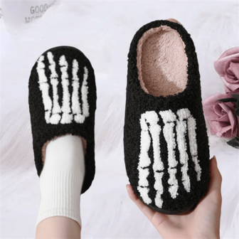 Bestselling Autumn/Winter Slippers, Halloween Skull Embroidery & Print Indoor Home Slip-On Slippers, Unisex Couple Slippers, Plus Size One-Piece Slippers
