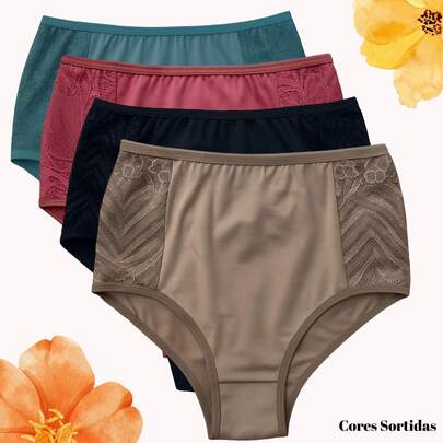 Kit 4 Calcinha Cintura Alta Calçola Senhora Maternidade Hot Pants REGULAR e PLUS SIZE Conforto Lateral Larga M G GG 48 50 52 Moda Íntima Feminina Primavera Verão Outono Inverno Primavera e Verão