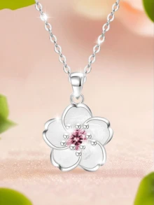 2pcs/Set Luxury S925 Sterling Silver Pink Purple Peach Blossom Necklace, Vintage Elegant Jewelry, Lucky Romantic Flower Choker Necklace, Gift For The Most Beautiful Her, Comes With Delicate Gift Box, Suitable For All Seasons Everyday Wear - Silver - View 4
