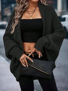 Áo khoác cardigan nữ kiểu dáng thanh lịch, chất liệu móc len, màu trơn, tay cánh dơi, thích hợp mặc hàng ngày và trong các dịp lễ hội, mùa đông. - Đen đậm - Xem 7