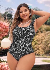 Swim Mod Plus Size Ditsy Floral Print Tie Shoulder One Piece Swimsuit One Piece Bathing Suit Summer - Black and White - View 2