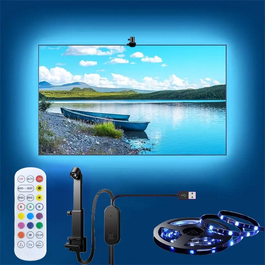1 dải đèn LED RGBIC cho TV, tích hợp cảm biến màu AR để đồng bộ ánh sáng môi trường, phù hợp với TV 55-80 inch, cấp nguồn qua USB và có điều khiển từ xa. Cũng phù hợp với TV, màn hình và máy tính 55-80 inch, có thể điều chỉnh độ sáng.