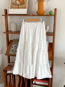 Multi-Layered Ruffled Details, Slim-Fitting Mid-Length, Draped Chiffon Fabric, White Skirt, Korean Style, Gentle And Artistic Style, Suitable For Commuting To Work, Dating, Afternoon Tea, Spring And Autumn Daily Wear, Festivals, And Streetwear. - White - View 2