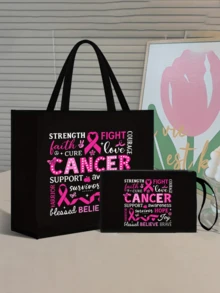 Women's Black Tote Bag And A Small Bag For Women -Shoulder Handbag With Breast Cancer Awareness Pink Ribbon Graphic , Multi Functional Portable Teacher Handbag,Women's Linen Large Capacity Handbag.Portable Casual Storage Handbag With Innovative Design And Large Capacity, Making It An Ideal Shopping Bag,Perfect Religious Gift For Her Soul Companionteacher's Thank You Gift