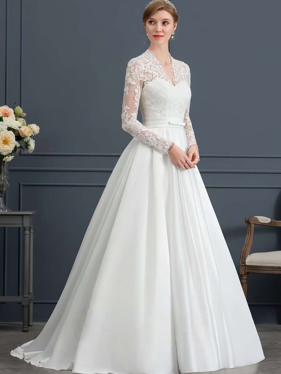 Elegant Romantic V Neck Backless Long Sleeves Lace Appliques Tulle A Line Wedding Dress Registration,Country Wedding Dress,Evening Party Dress Birthday Party Dress,Romantic Church Ceremony Wedding Dress,Suitable For Wedding,Dating,Party,Singles' Party,Vacation,Formal Occasions,Dinner Dress,Prom Dress,Homecoming Dress,Cocktail Party,Wedding Guest Dress,Graduation - 白色 - 查看 1