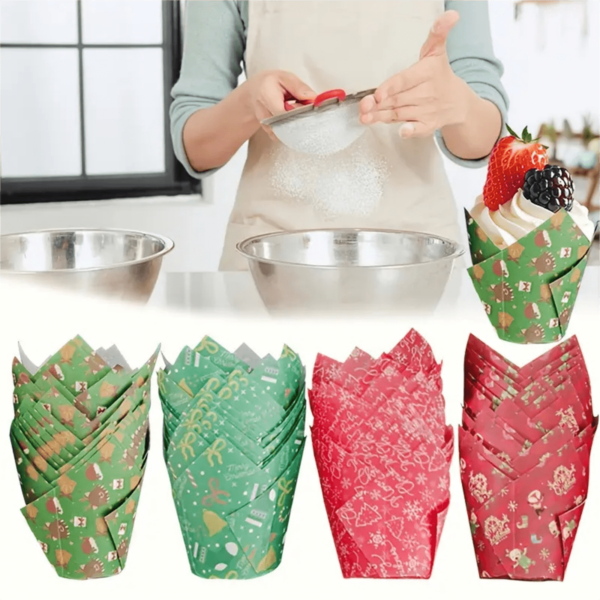 50pcs Christmas Theme Tulip Cupcake Liners, Oil-Proof Baking Cups Suitable For Wedding, Birthday, Christmas Party, Anniversary And All Holidays!