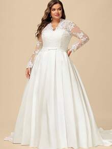 Elegant Romantic V Neck Backless Long Sleeves Lace Appliques Tulle A Line Wedding Dress Registration,Country Wedding Dress,Evening Party Dress Birthday Party Dress,Romantic Church Ceremony Wedding Dress,Suitable For Wedding,Dating,Party,Singles' Party,Vacation,Formal Occasions,Dinner Dress,Prom Dress,Homecoming Dress,Cocktail Party,Wedding Guest Dress,Graduation - 白色 - 查看 5