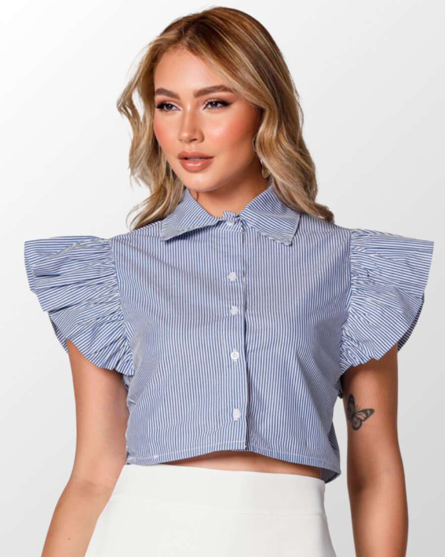 Elegant Women's Crop Top With Buttons And Ruffles - Blue Striped - View 1