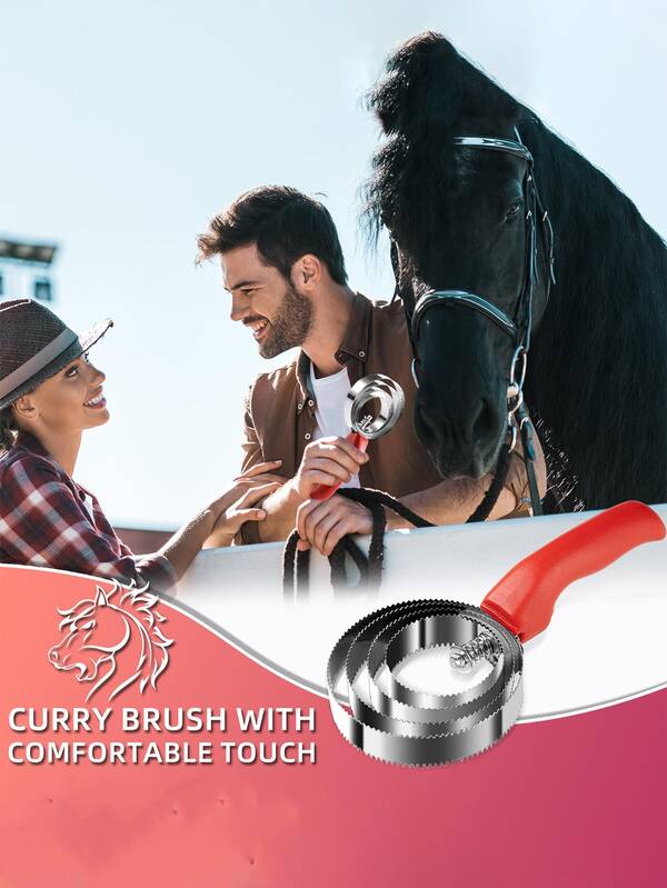 4 anillos Peine de acero inoxidable de doble cara - Herramienta de desollado de doble cara para la belleza de caballos, perros y ovejas, rastrillo para afeitar el sudor del ganado y caballos, peine para el cabello de mascotas, cepillo quitapelo con agarre suave (Azul + Rojo) Regalo de Navidad Feliz Navidad