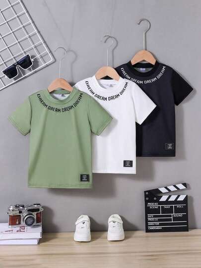 青少年男孩3入組短袖T恤套裝，帶字母印花